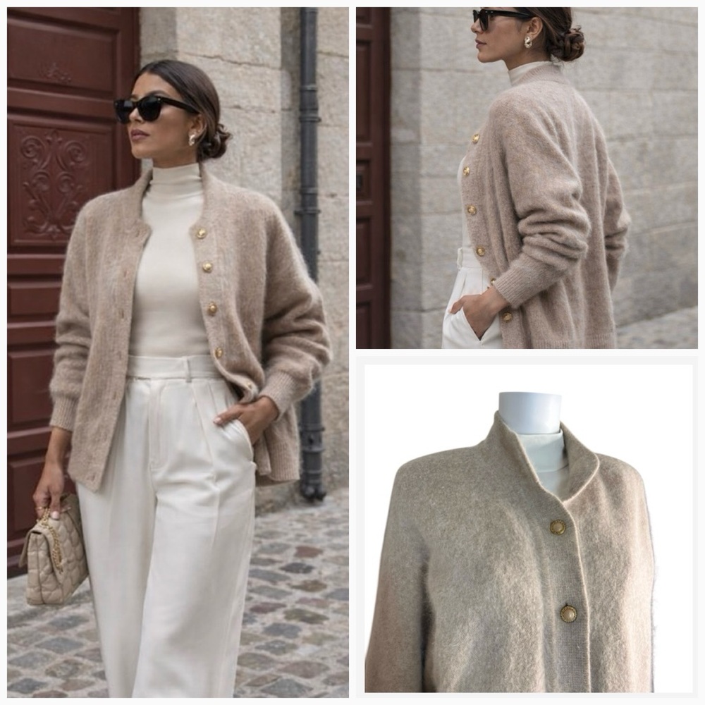 Vtg Angora Wool blend Cardigan Oversize Beige Gold Buttons Soft Luxe Sweater L